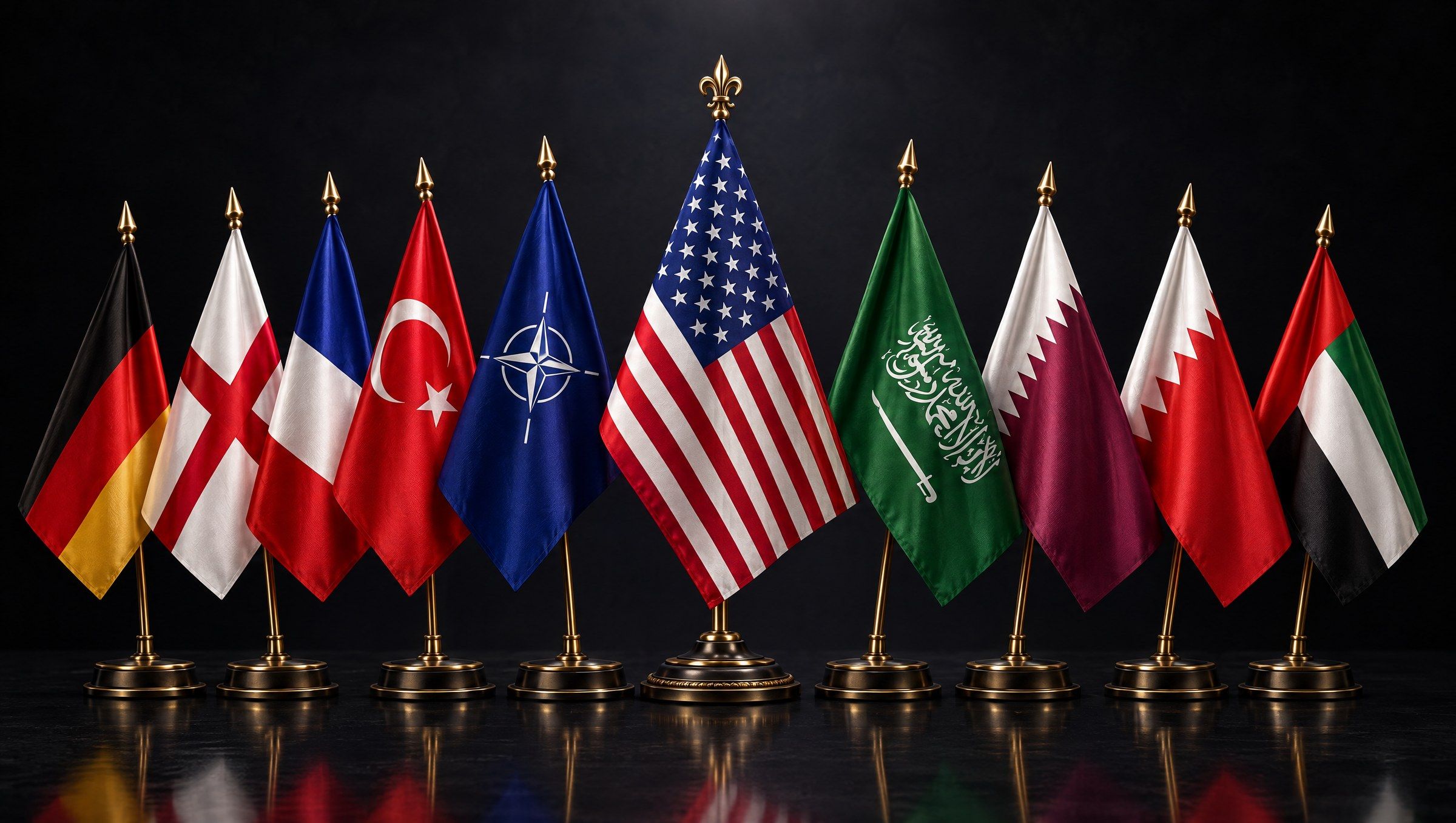 Table flags of Germany, England, France, Türkiye, NATO, the United States, Saudi Arabia, Qatar, Bahrain and the United Arab Emirates
