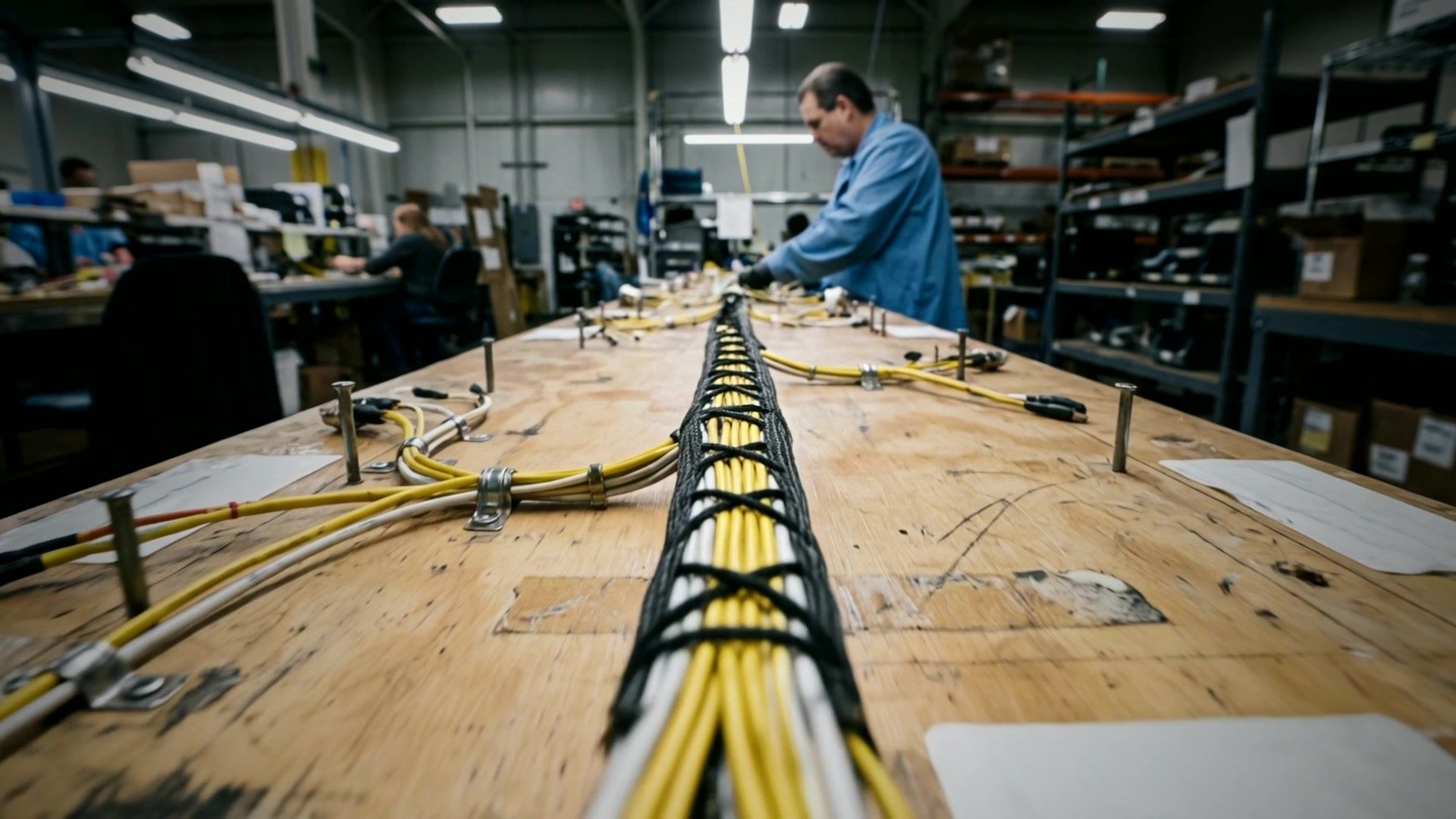 Still from the LIGHTNX wire harness film: a low camera travels along a laced harness on an assembly formboard