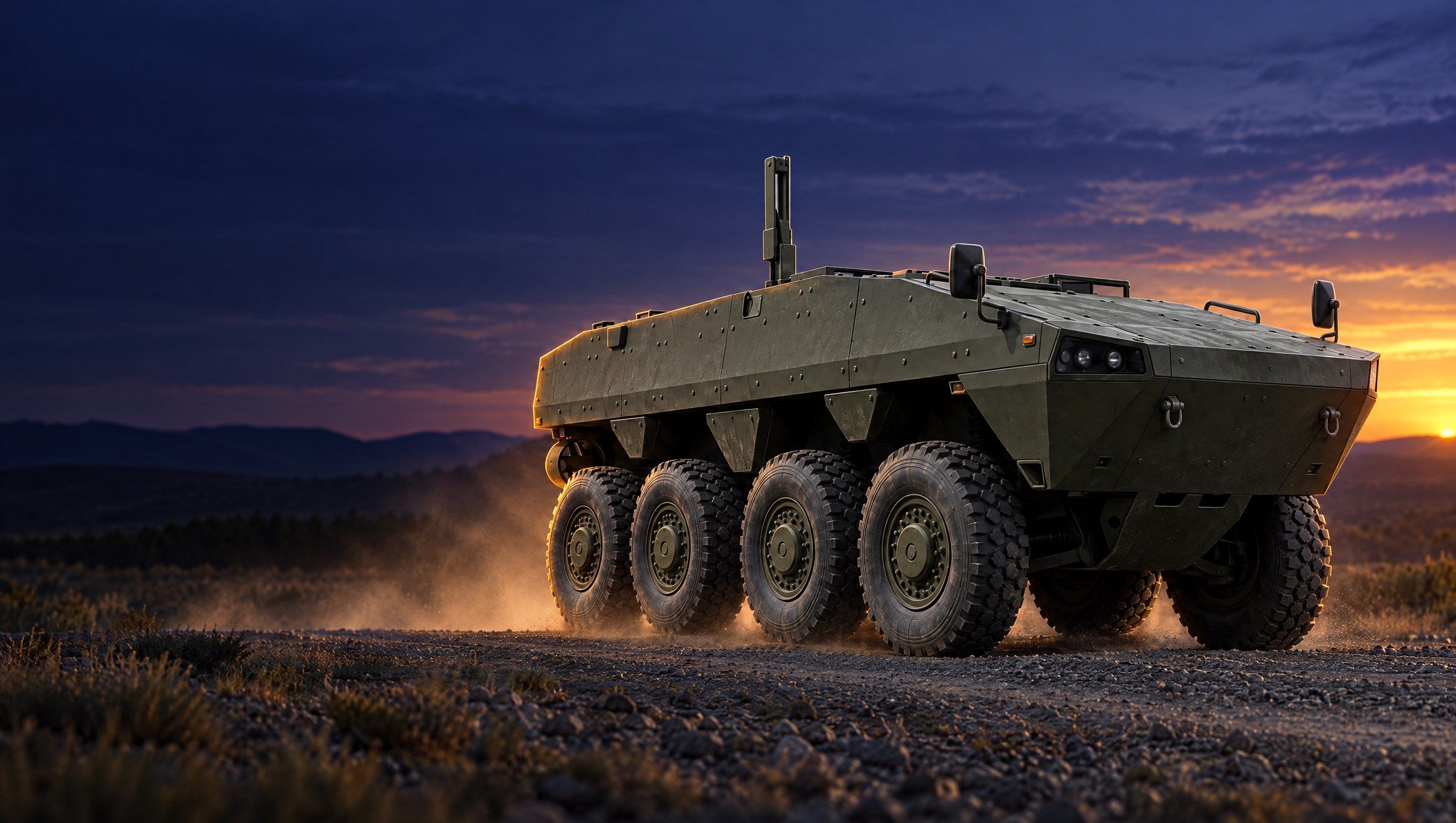 Illustrative generic wheeled armored vehicle on a proving ground at dusk