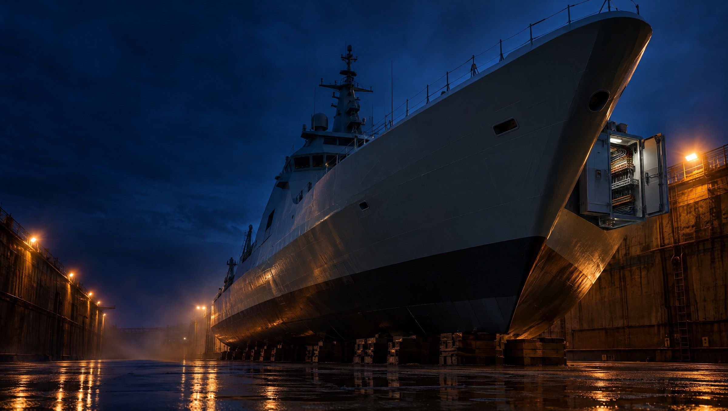 Illustrative generic naval vessel in dry dock at dusk