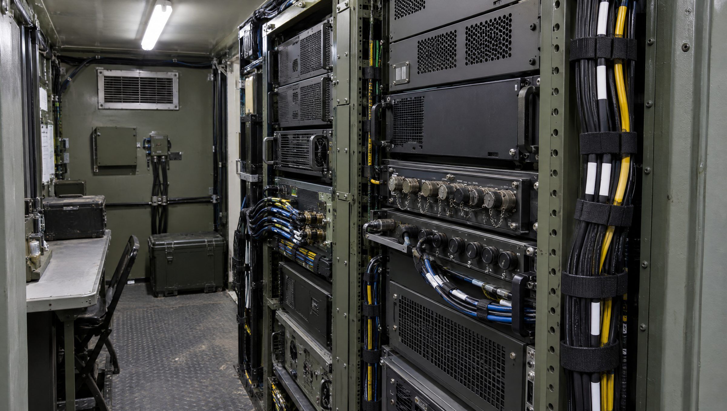 Illustrative: rugged electronics rack with managed harnessing in a field equipment shelter
