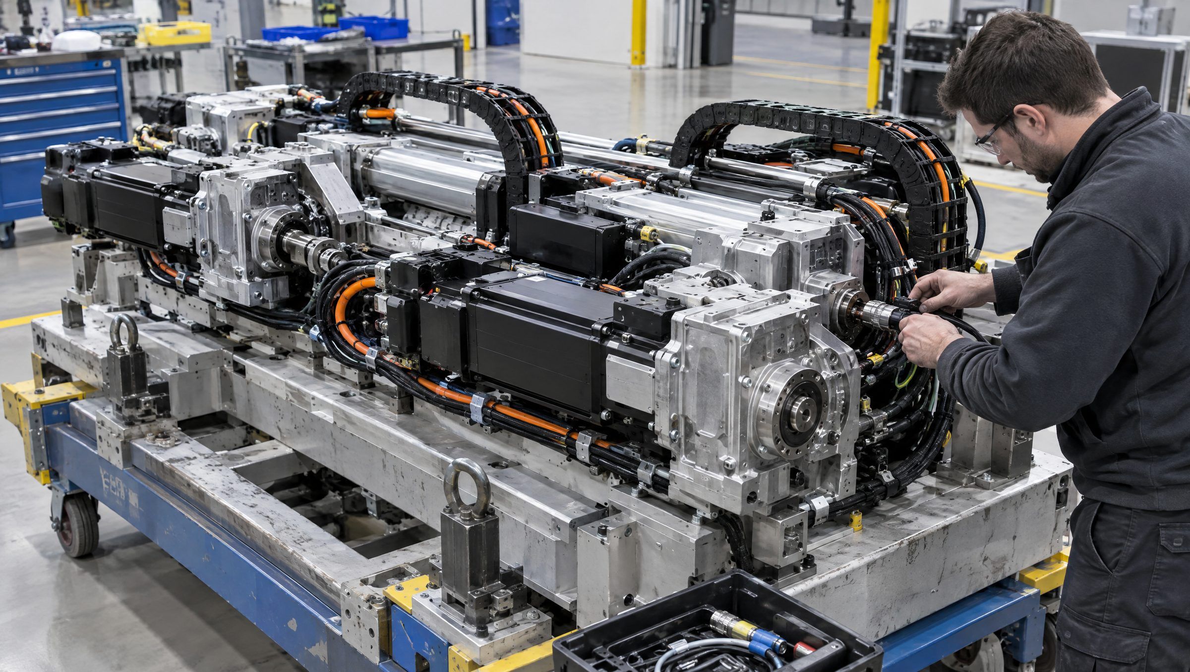 Illustrative: electromechanical subsystem with actuators and motor harnesses on an integration fixture