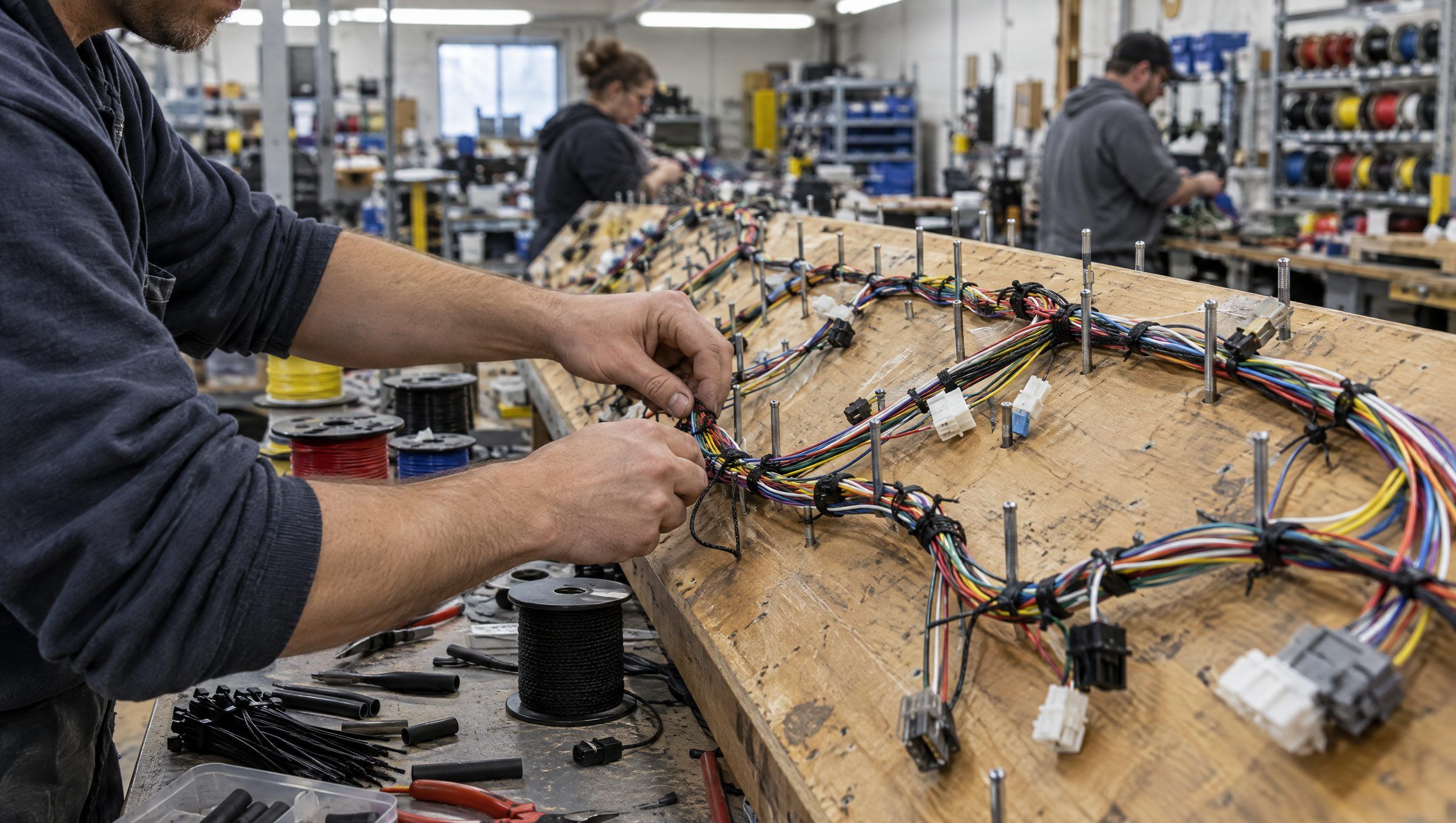 Illustrative: technician routing a multi-branch wire harness on a formboard
