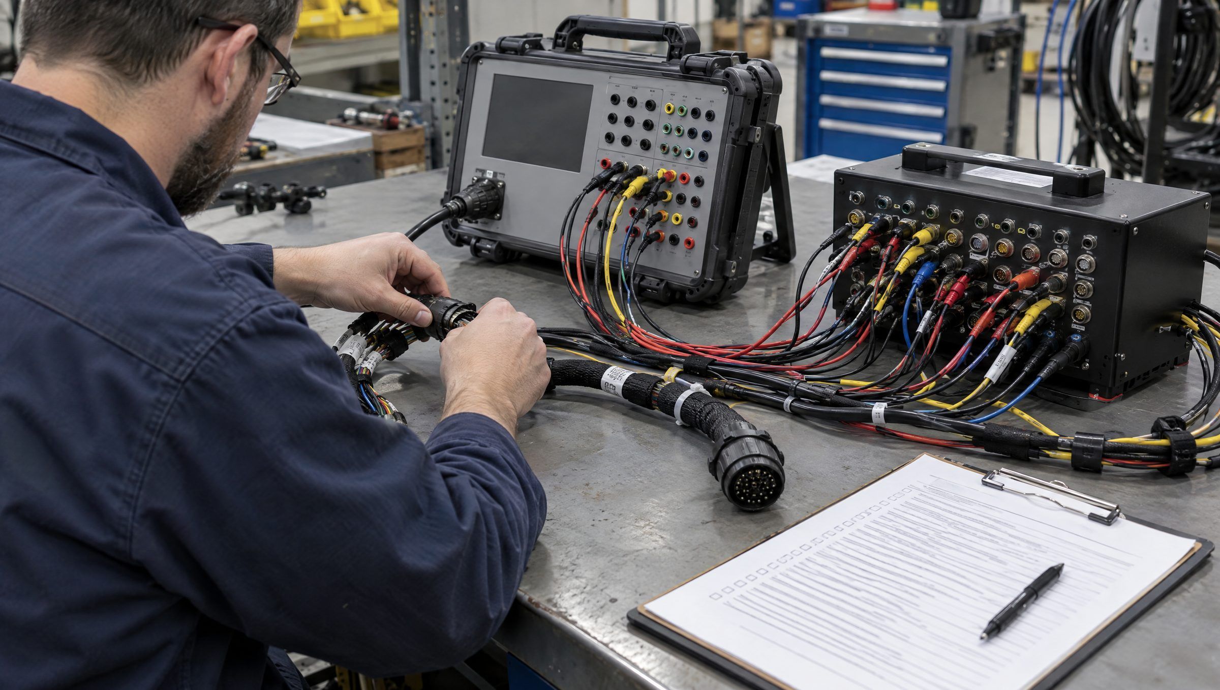 Illustrative: harness tester and breakout box in use on a test bench