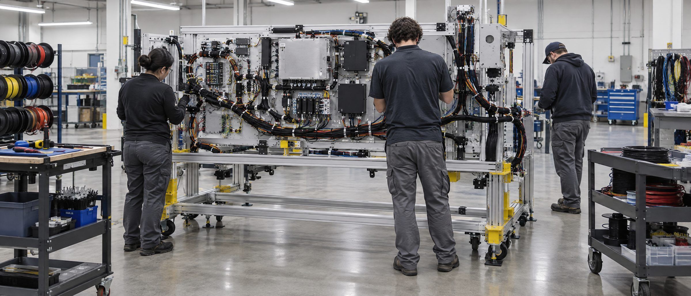 Illustrative: technicians working on a large harness and electronics assembly on an integration fixture