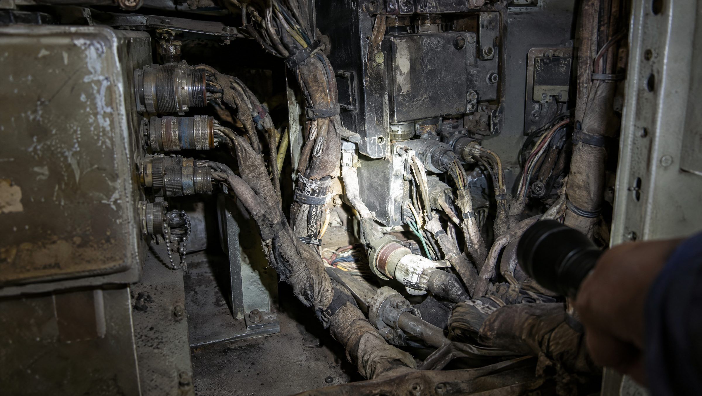 Illustrative: aged wire harnesses and connectors in a legacy equipment bay