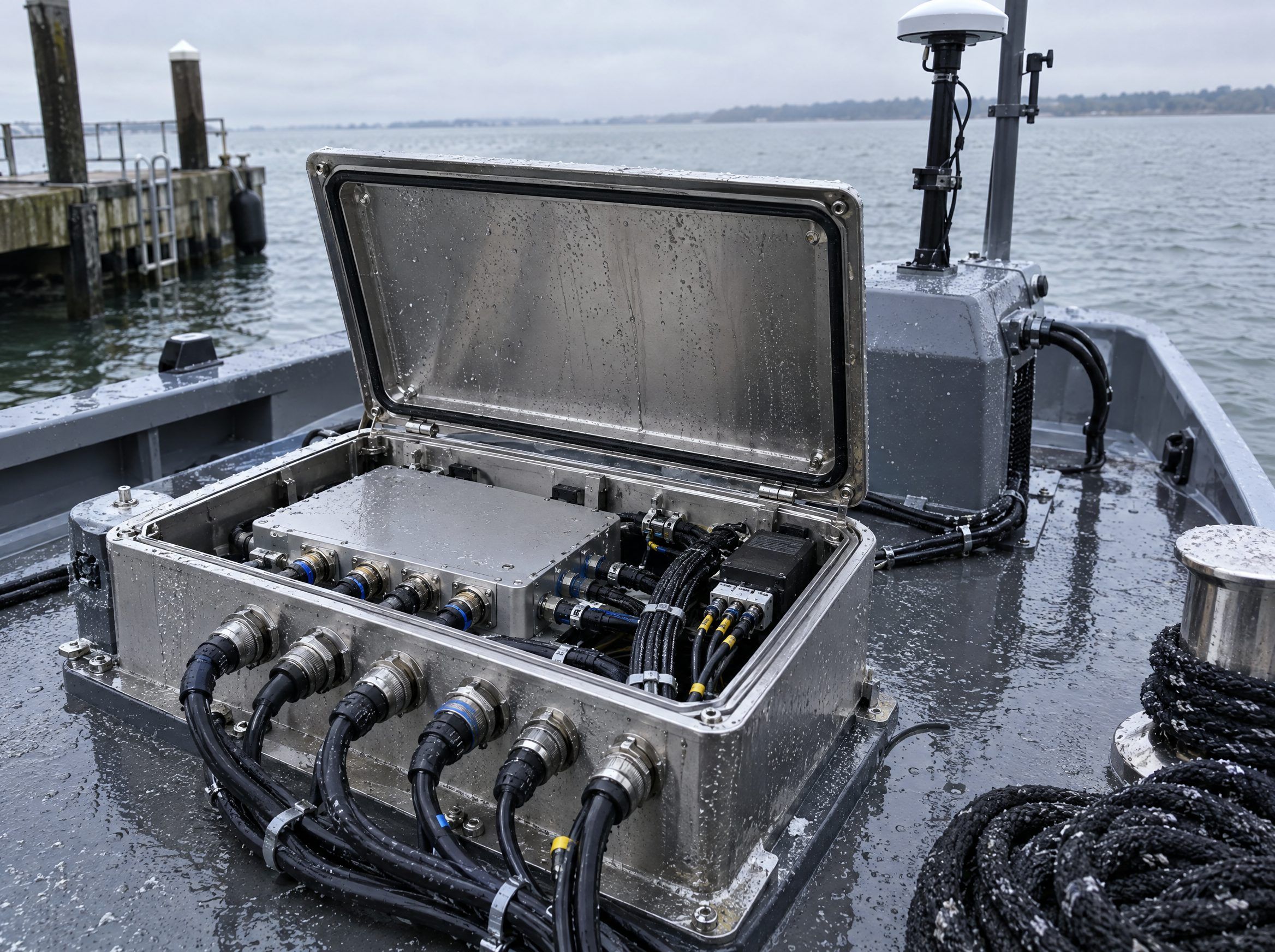 Illustrative: sealed electronics enclosure on the deck of a generic uncrewed surface vessel