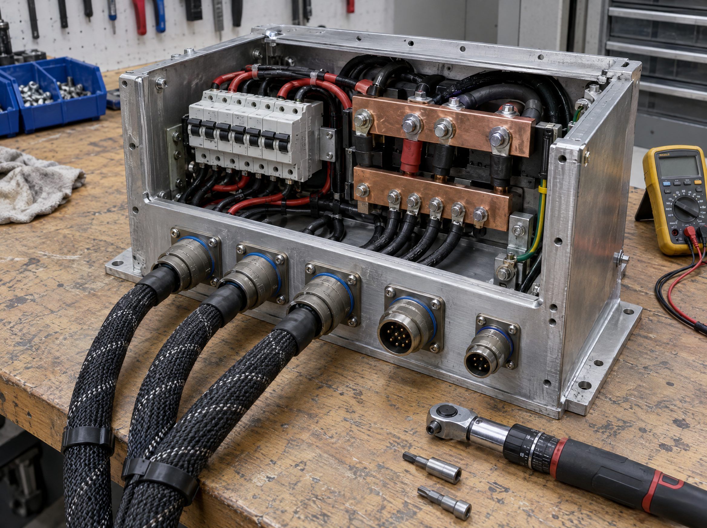 Illustrative: rugged power distribution assembly with protected harnessing on a bench