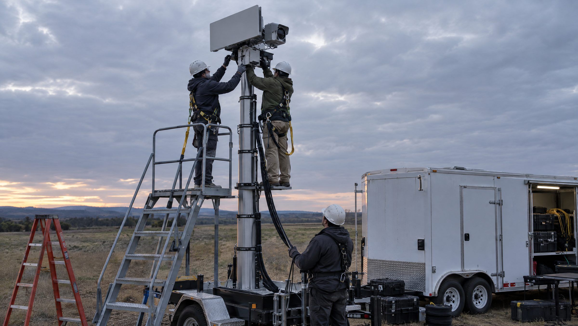 Illustrative: technicians installing a generic sensor module and its harness on a trailer mast