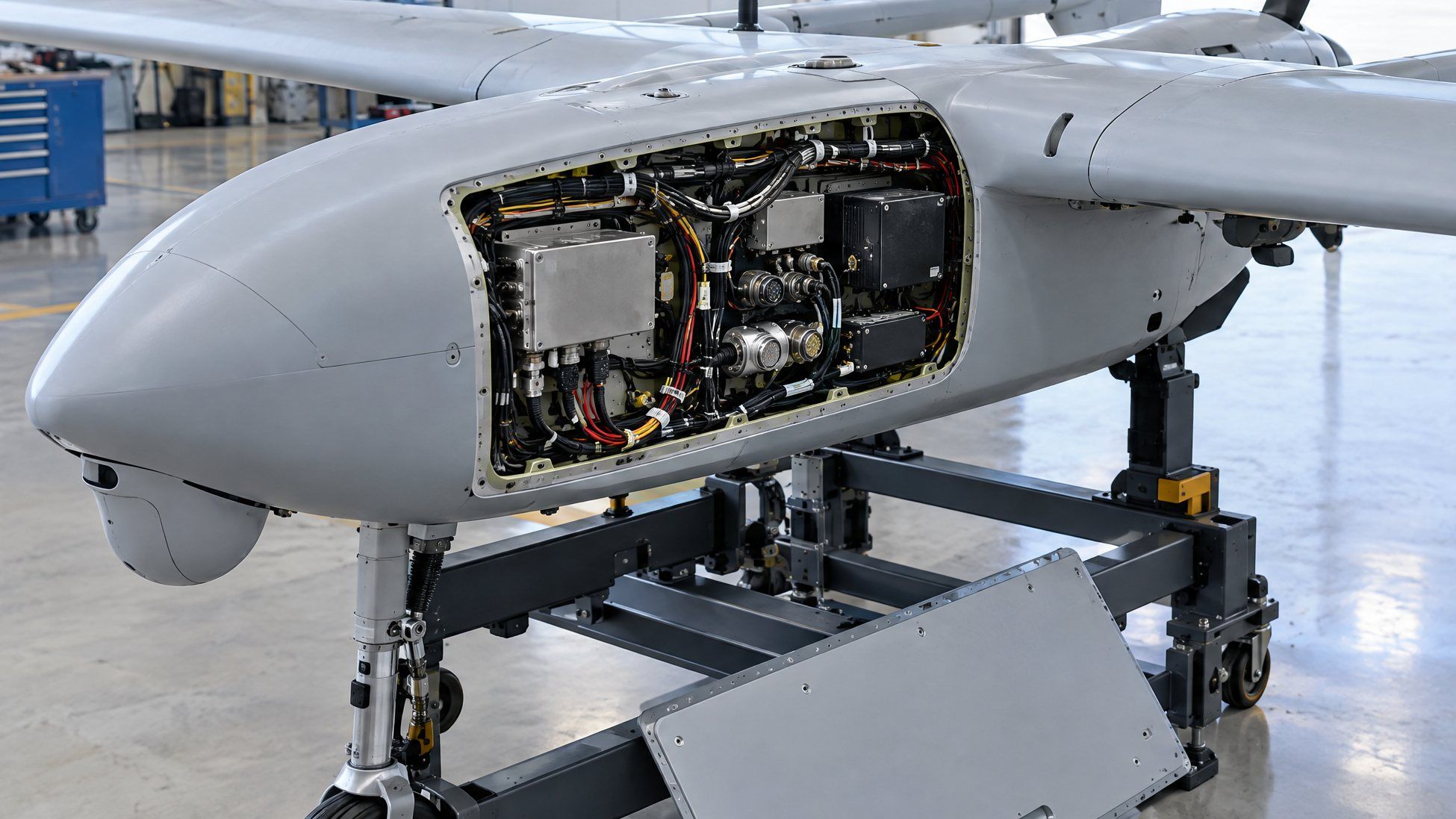 Illustrative: open electronics bay of a generic unmanned aircraft showing harness routing