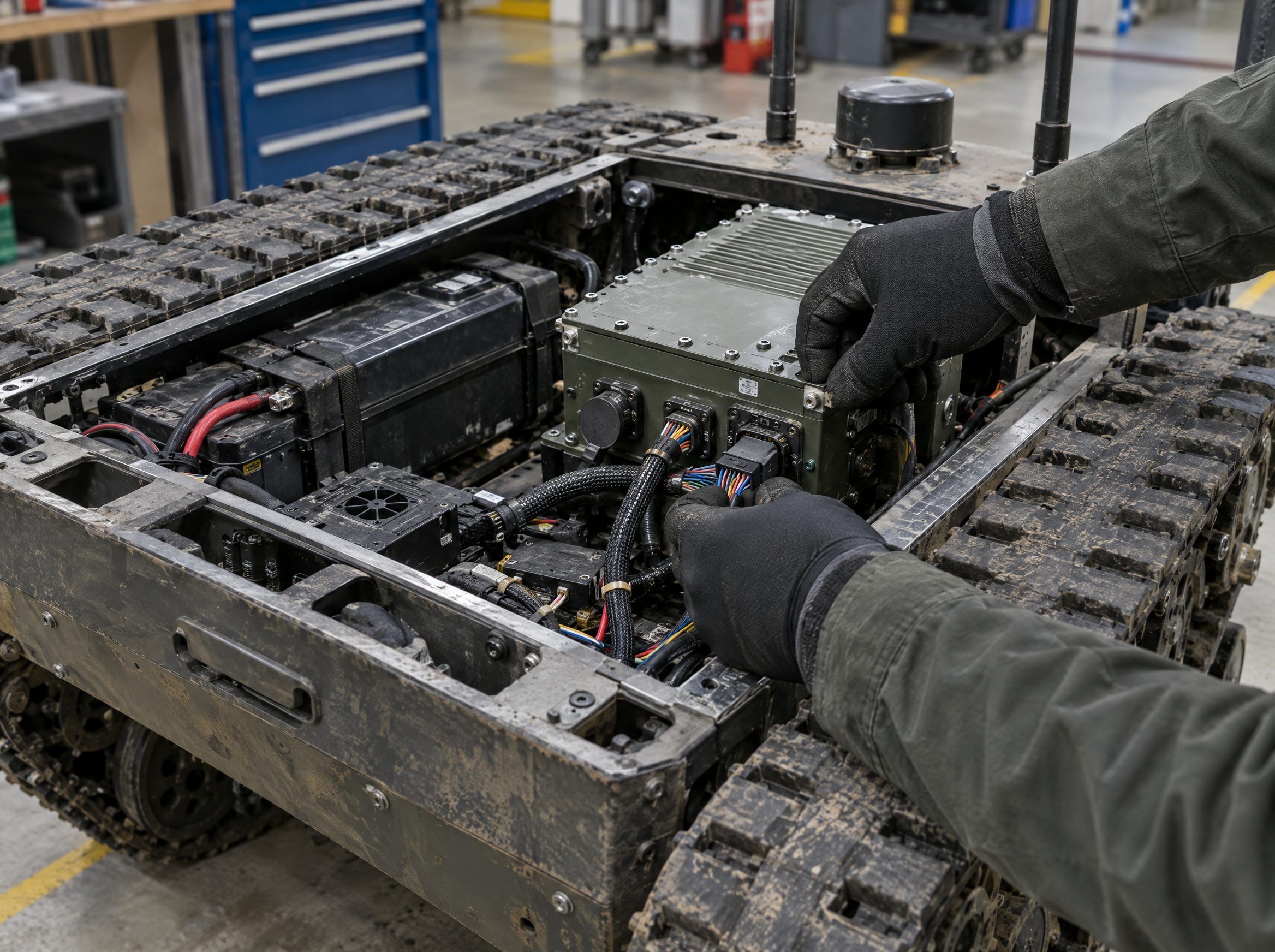 Illustrative: technician reconnecting a harness inside a generic tracked ground robot