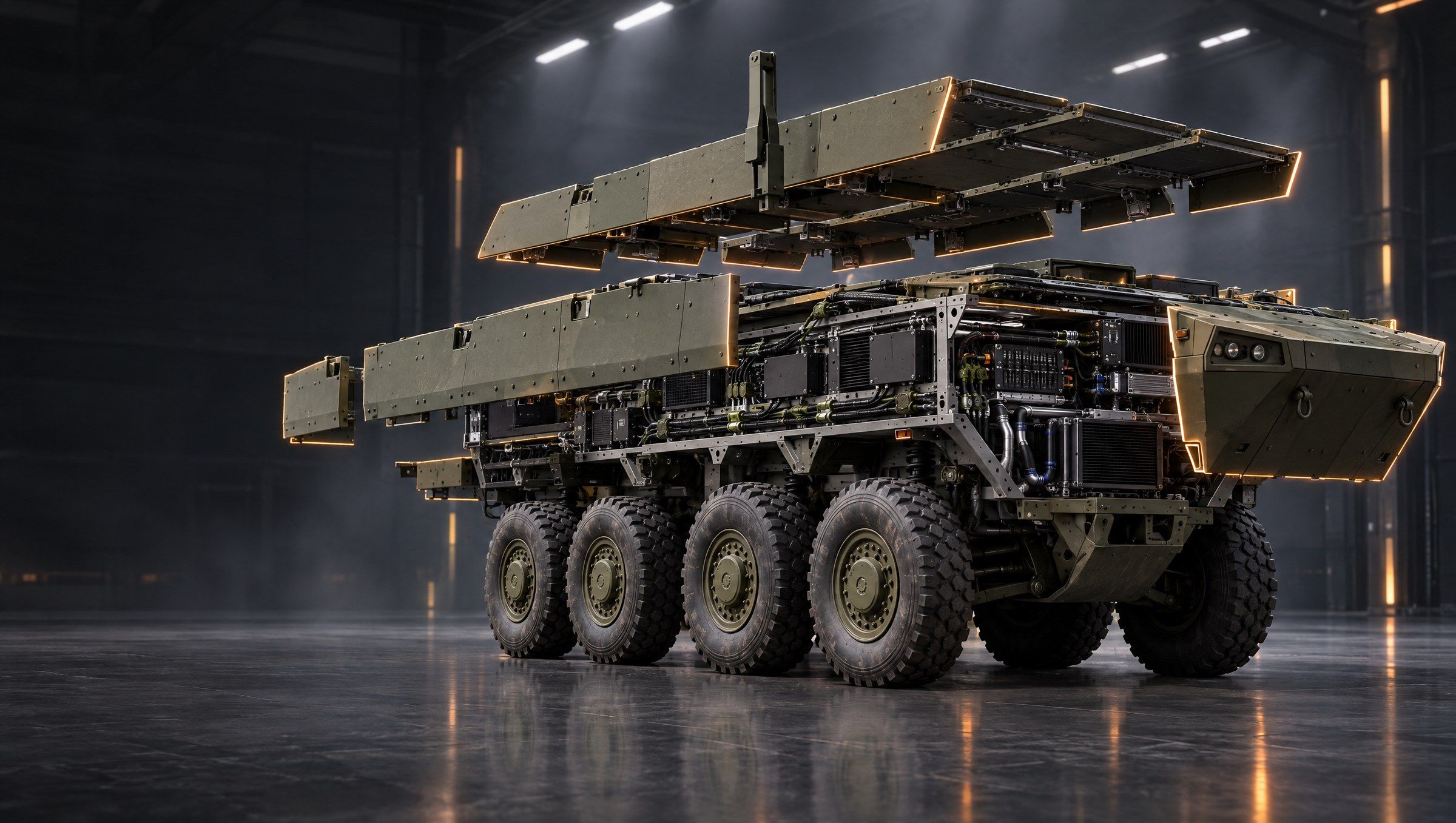 Illustrative generic wheeled armored vehicle in an exploded engineering view